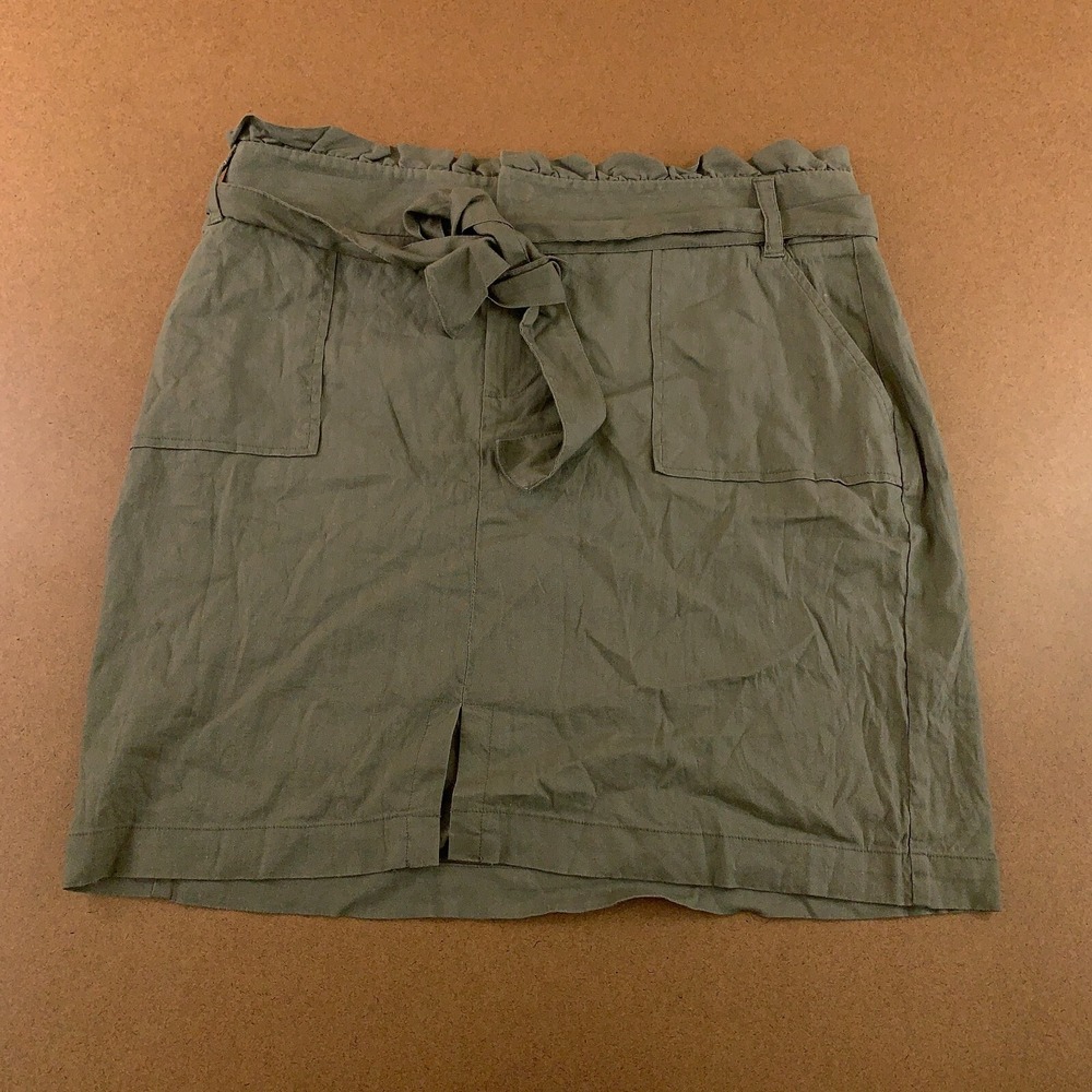 INC Womens Large Olive Drab Green Linen Blend High Rise Belted Utility Skirt NWT
